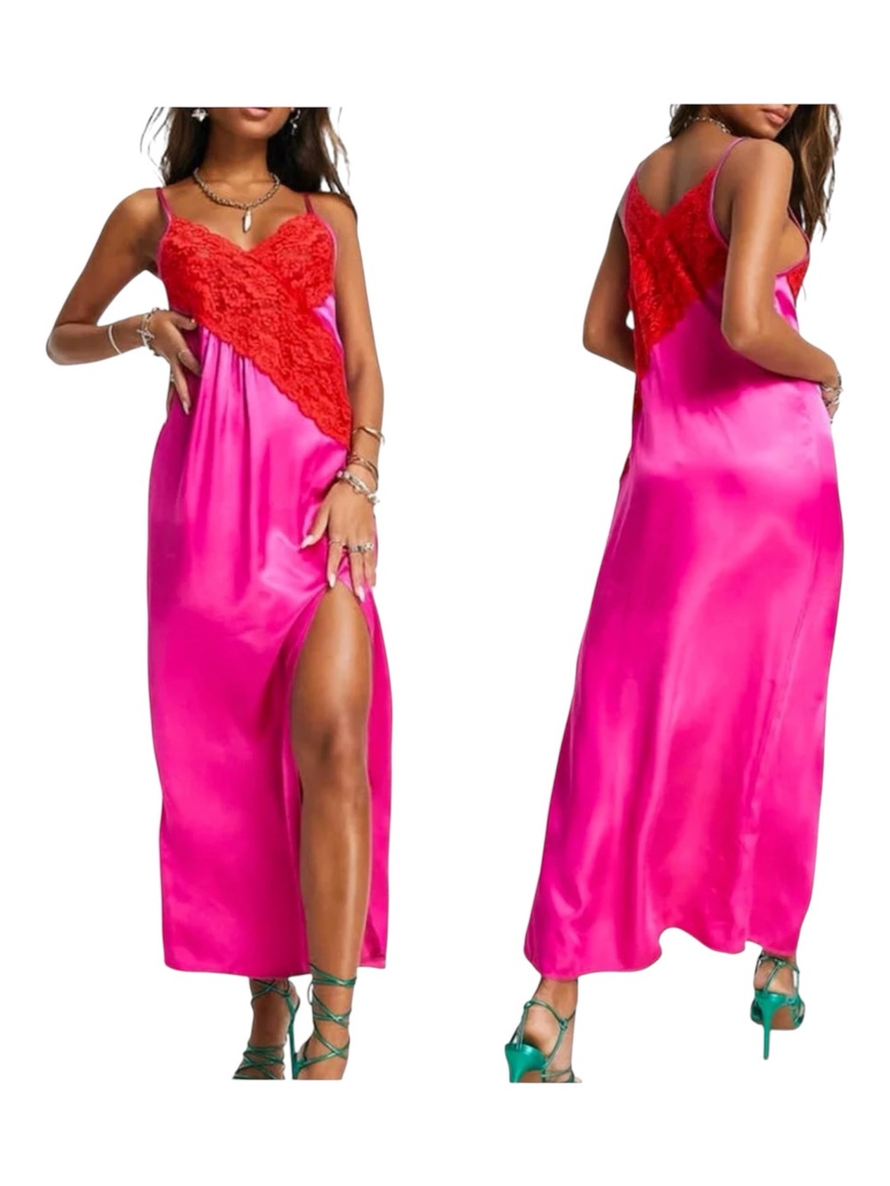 TopShop Pink and Red Contrast Lace Slip Dress Size 6